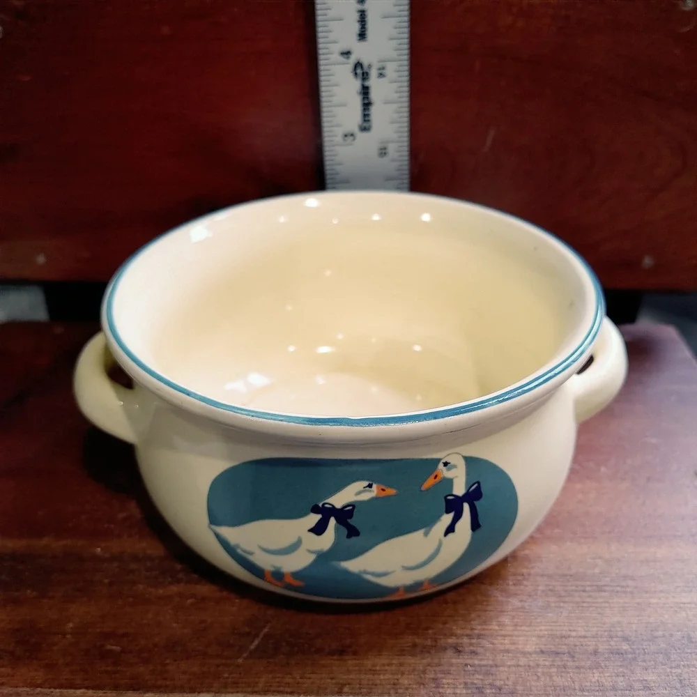 Vtg Otagiri 1985 Country Goose Ceramic Soup Bowl Trinket Crock Handles Cottage